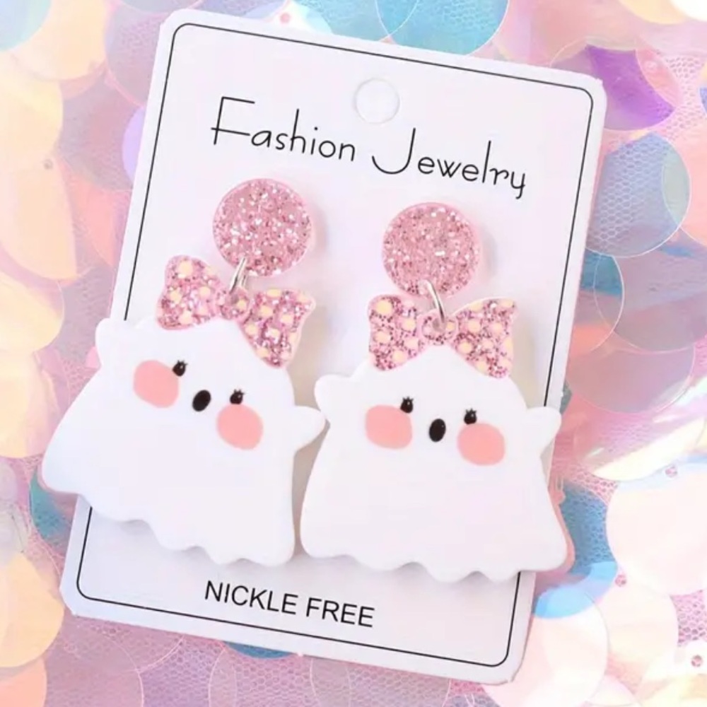 Ghost With Pink Sparkle Bow Earrings 👻🎀👻🎀